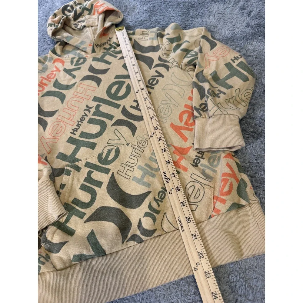 Hurley Boys All Over Logo Hoodie Medium Tan Fleece Lined Skate Surf Sweatshirt